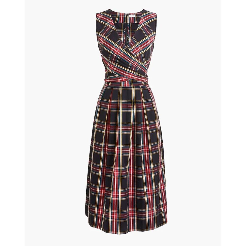 NWT J.Crew Stewart Tartan Plaid V-Neck Wrap Dress Black Sz 4 Fit & Flare Holiday - Picture 2 of 10